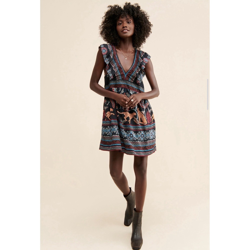 Anthropologie Women's V-Neck Plunge Boho Jungle Print Tunic Mini Dress Size M
